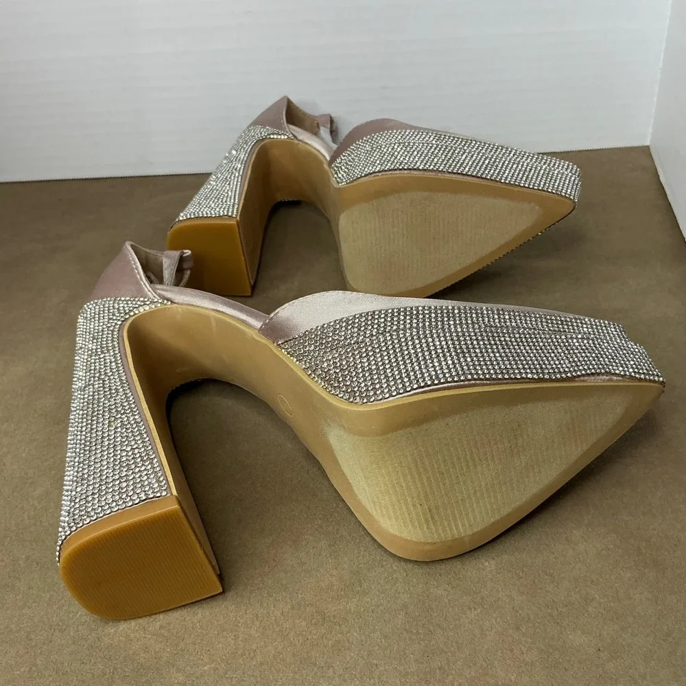 Cape Robbin Snow White-2 Satin Rhinestone Platform Block Heel Pumps Womens 6